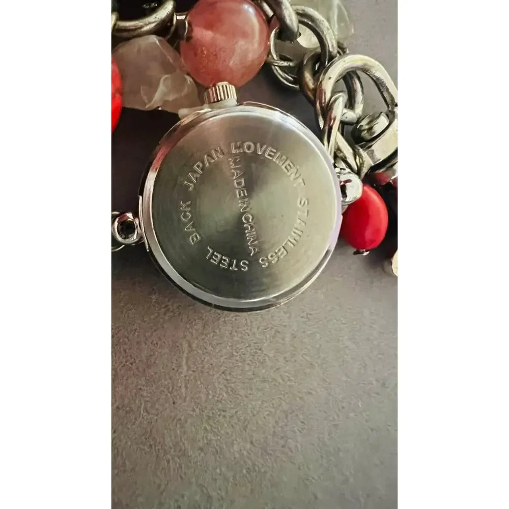 Quartz Watch Keychain with Red and Clear Stone Charms